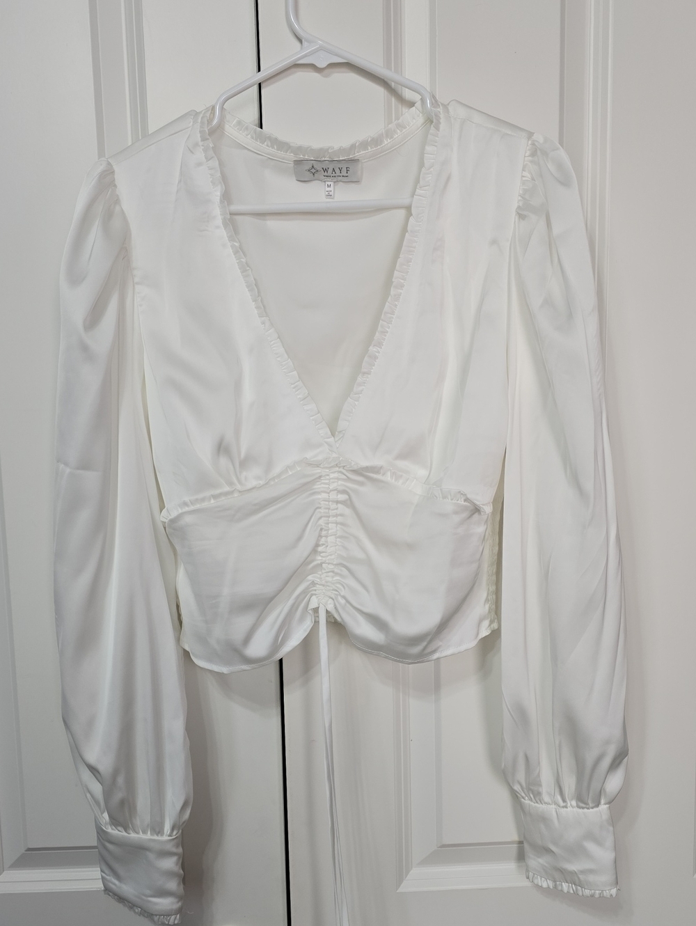 Wayf White V-Neck Ruched Long Sleeve Blouse